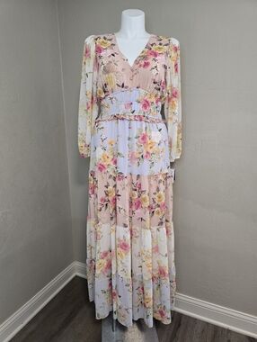 Melonie T Longsleeve Floral Tiered Maxi Dress Size 12